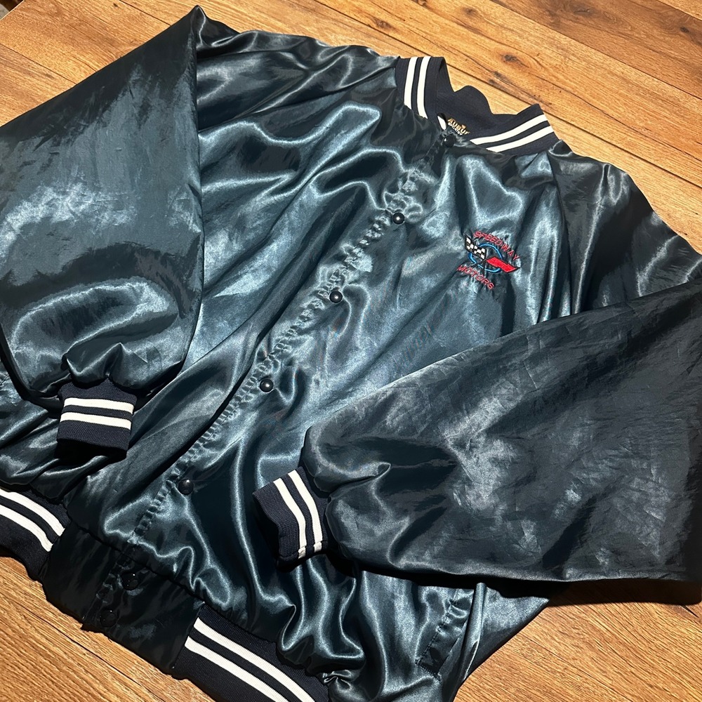 Vintage Auburn Navy Blue Speedway Motors Satin Varsity Jacket Mens XXL